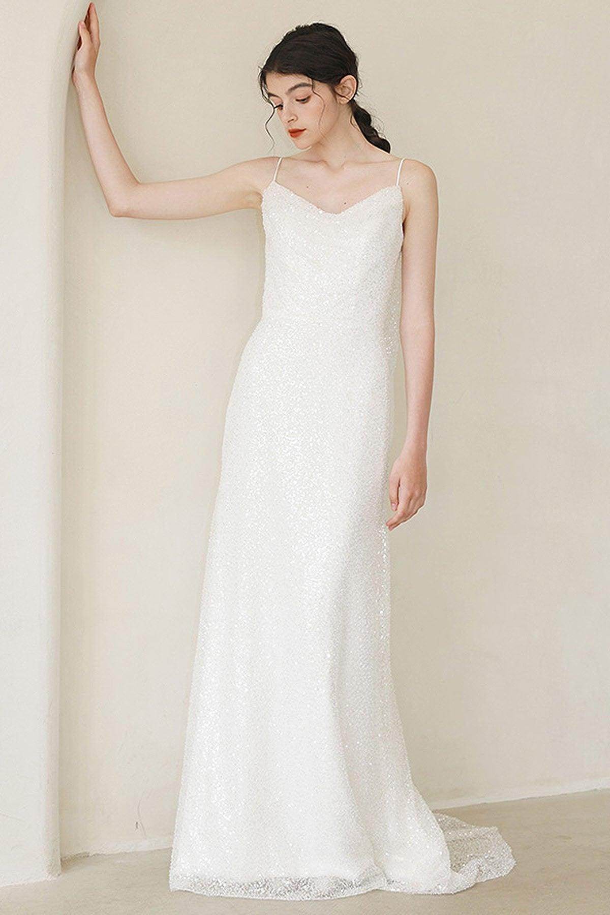 Sheath Sweep-Brush Train Sequined Lace Wedding Dress CW3056 - COCOMELODY